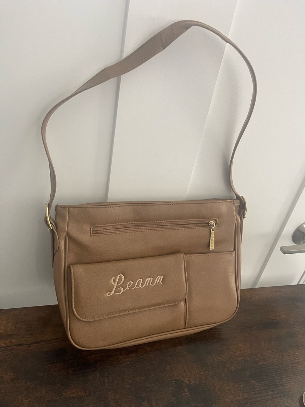 Leann Embroidered Tan Shoulder Bag with Front Pocket
